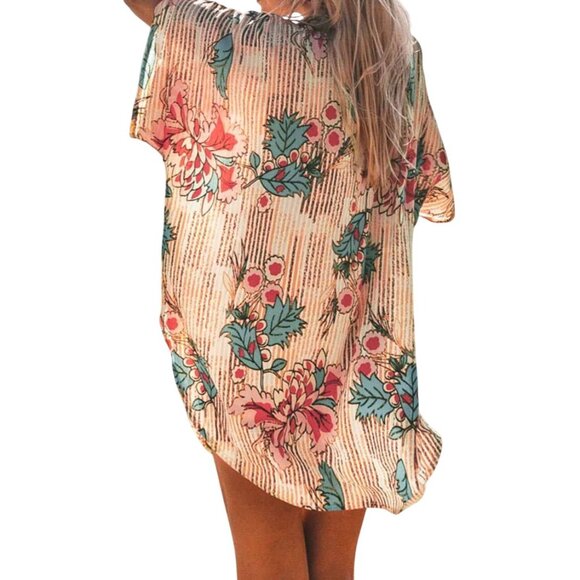 Cupshe Cover Up Shirt Size Large Floral Striped Button Front Top Tropical Beach - Picture 2 of 10